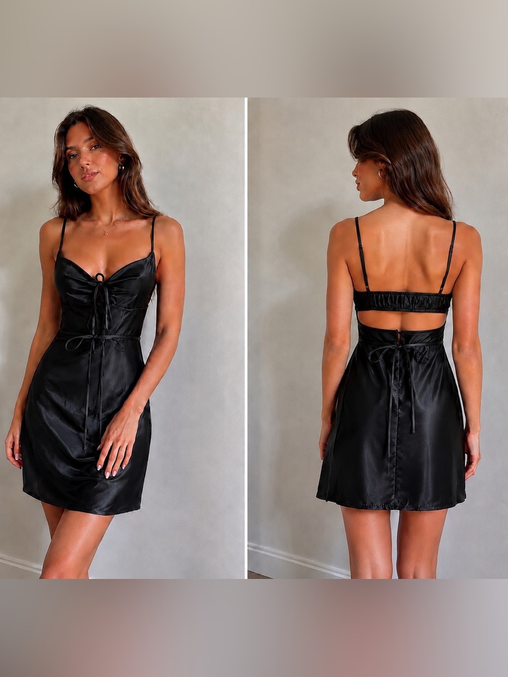 Black Satin Mini Dress Ruched Knot Front Backless Spaghetti Strap Cutout LBD Sm
